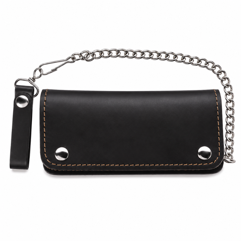 Handmade Brown Leather Bifold Motorcycle Wallet with Chain