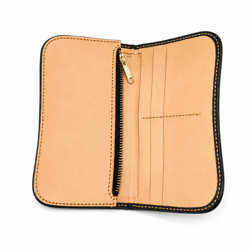 Handmade English Bridle Leather Biker Wallet with Zipper Pocket & Card Slots
