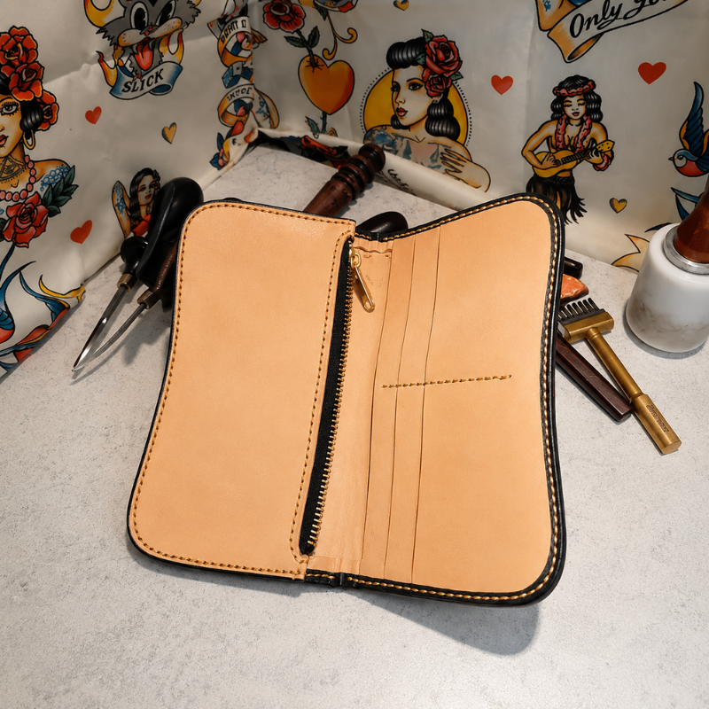 Handmade English Bridle Leather Biker Wallet with Zipper Pocket & Card Slots