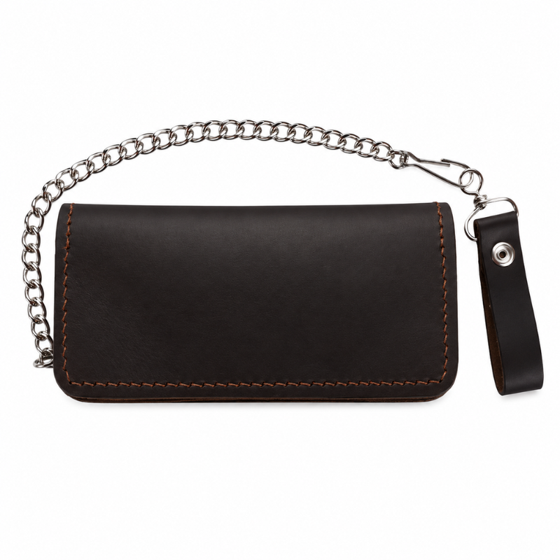 Handmade Brown Leather Bifold Motorcycle Wallet with Chain