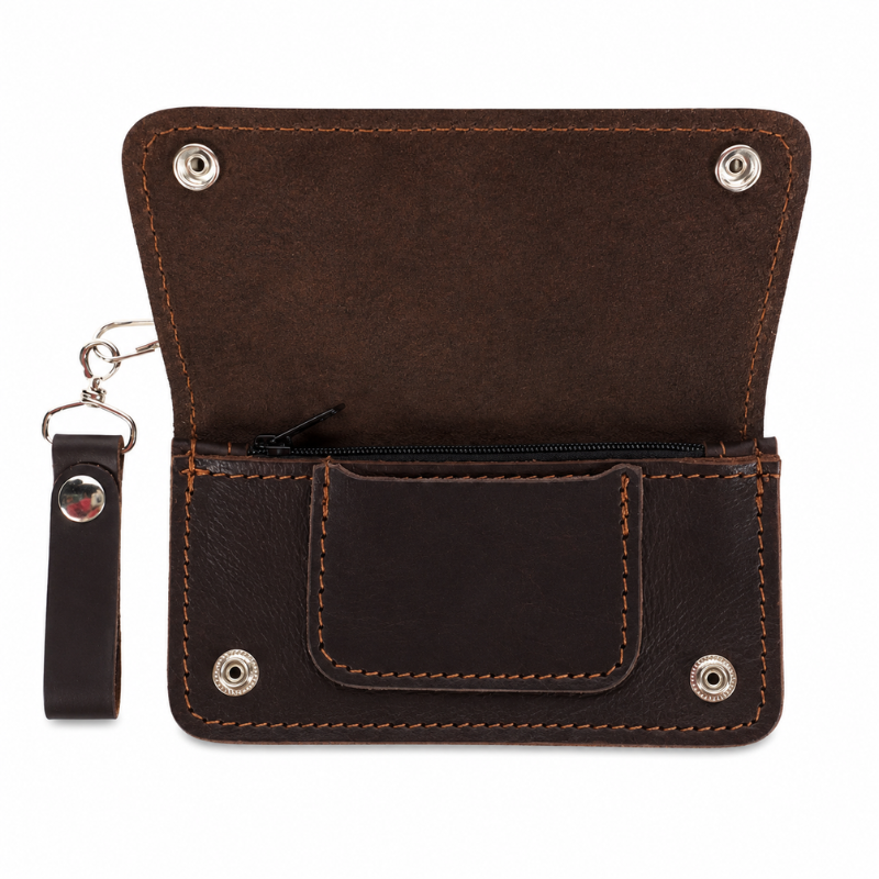 Handmade Brown Leather Bifold Motorcycle Wallet with Chain