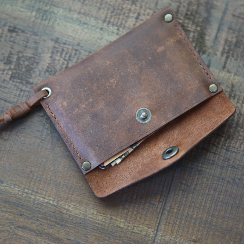 Handmade Leather Mini Wallet with Card Holder & Snap Closure