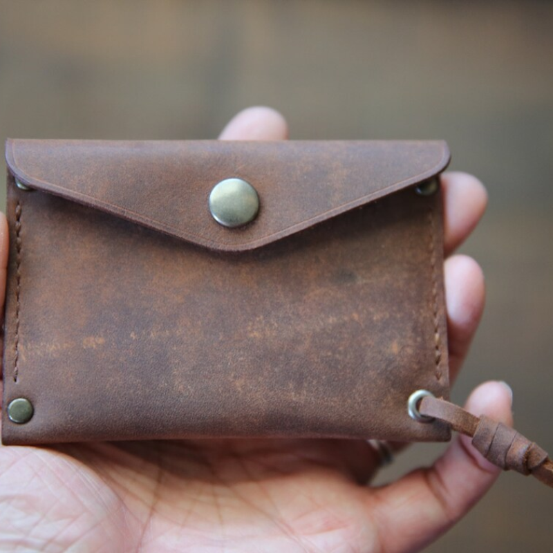 Handmade Leather Mini Wallet with Card Holder & Snap Closure