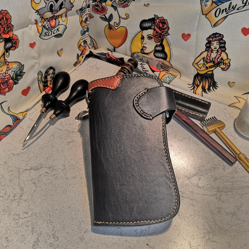 Handmade English Bridle Leather Biker Wallet with Zipper Pocket & Card Slots