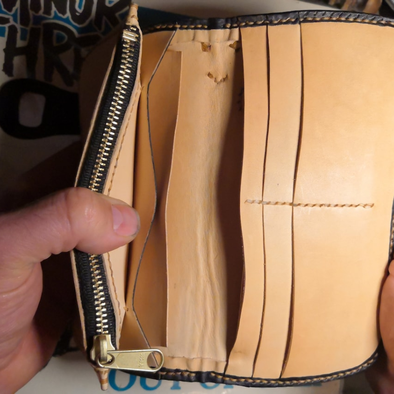 Handmade English Bridle Leather Biker Wallet with Zipper Pocket & Card Slots