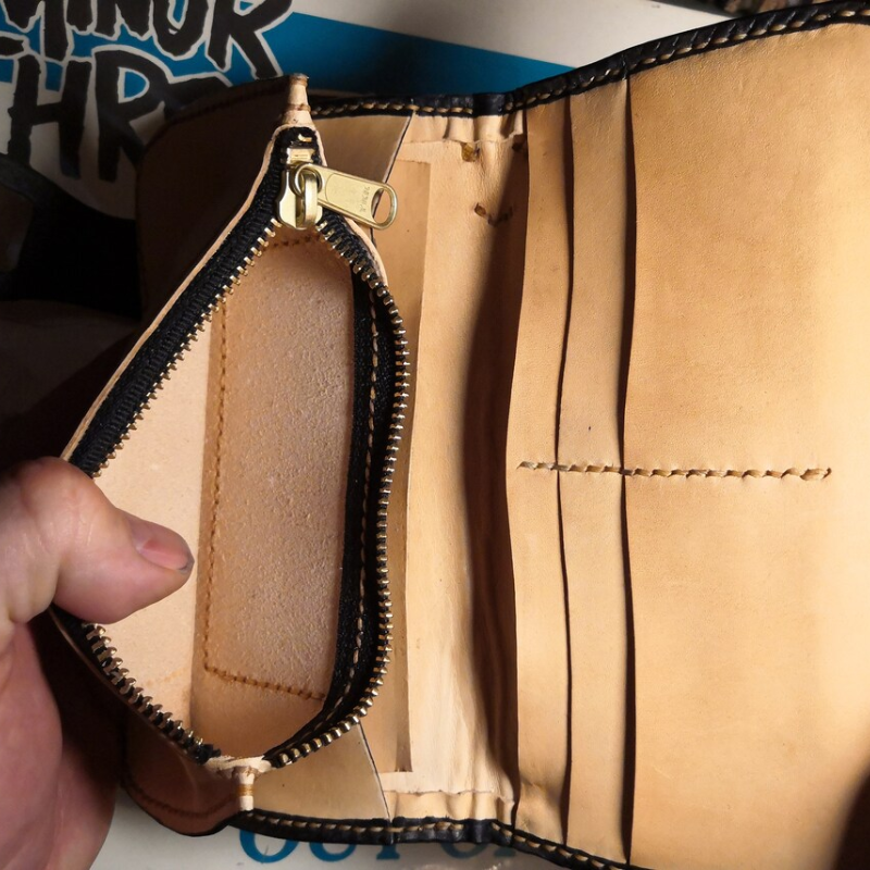 Handmade English Bridle Leather Biker Wallet with Zipper Pocket & Card Slots